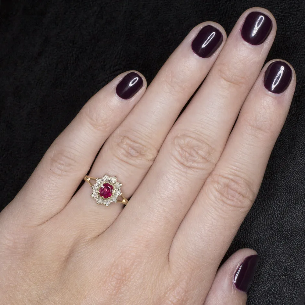 VINTAGE RUBY DIAMOND COCKTAIL RING OVAL HALO 14k YELLOW GOLD NATURAL ESTATE