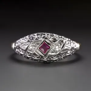 VINTAGE RUBY DIAMOND COCKTAIL RING TWO TONE 14k WHITE YELLOW GOLD ESTATE FLORAL