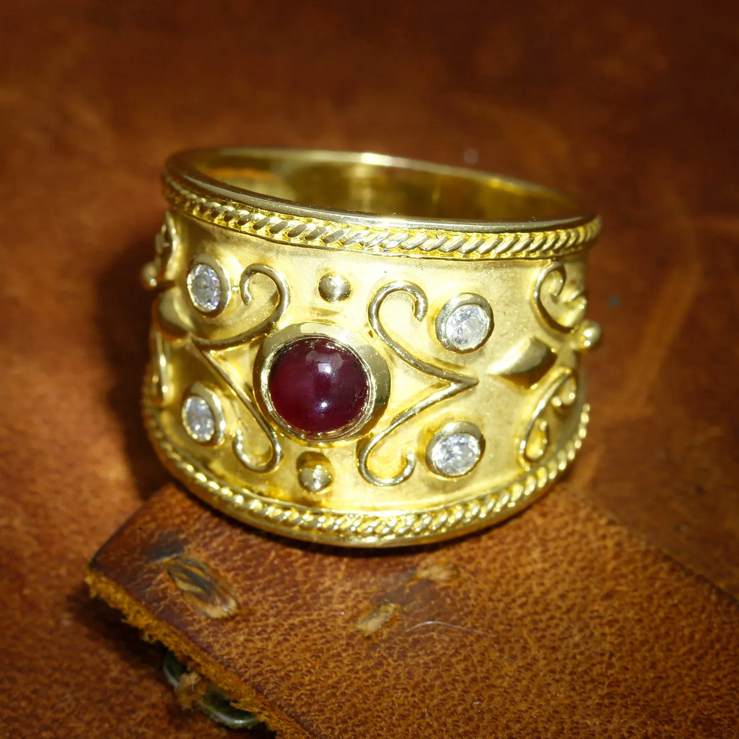 Vintage Ruby Etruscan Cigar Band with Diamonds 18K Yellow Gold