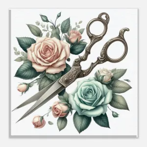 Vintage Scissors Roses - Shabby Chic Sewing Room Wall Art Canvas