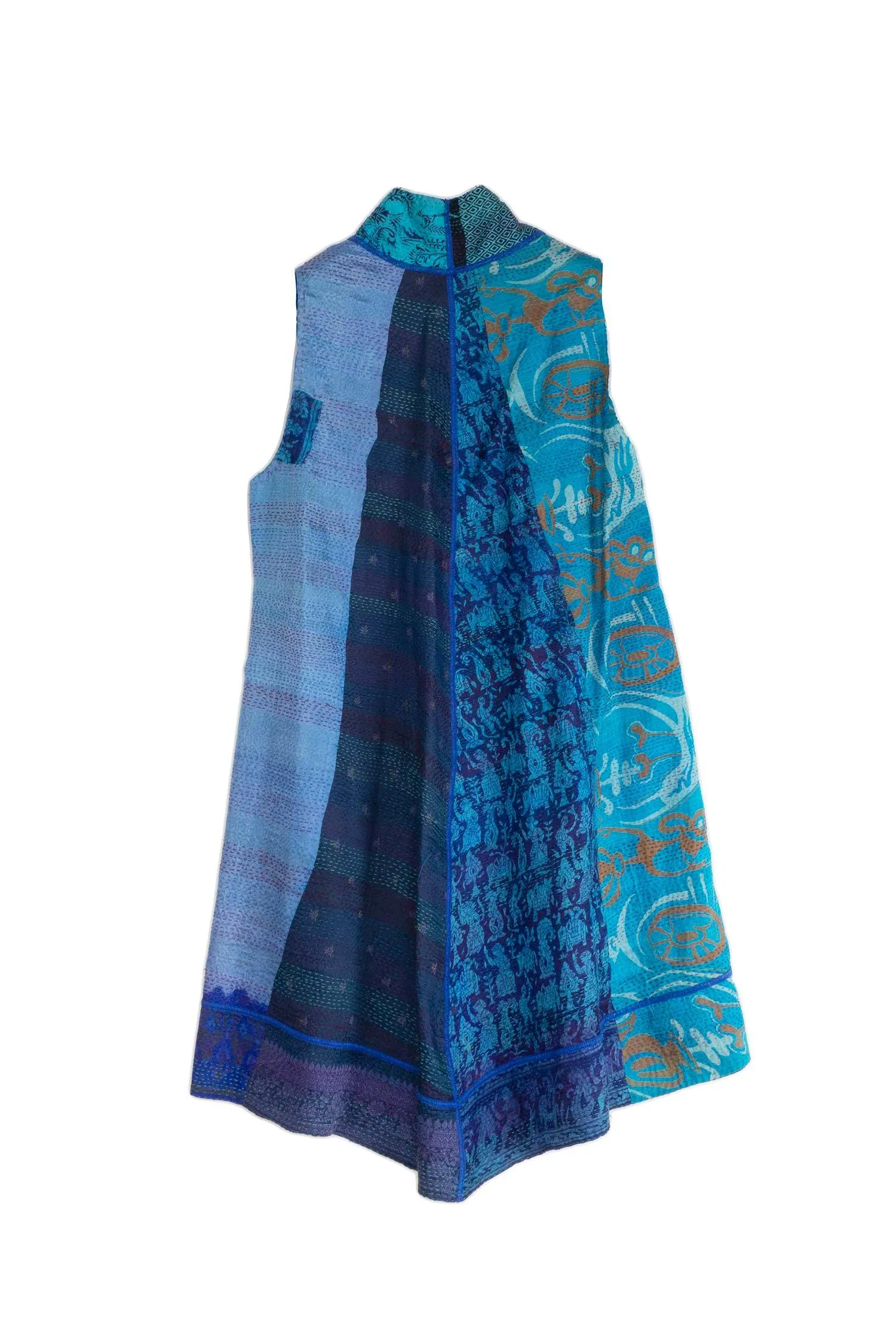 VINTAGE SILK PATCH KANTHA A-LINE VEST - vp2203-blu -