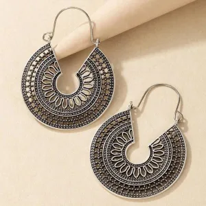 Vintage Silver-Tone Hoop Earrings with Intricate Geometric Design