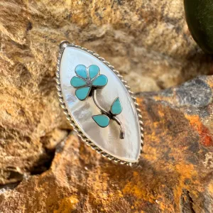 Vintage Sterling Silver and Mother of Pearl Ring with Turquoise Flower Size 5.5 - Estate