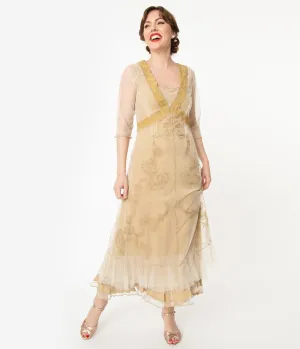 Vintage Style Antique Ivory Mesh Embroidered Edwardian Dress