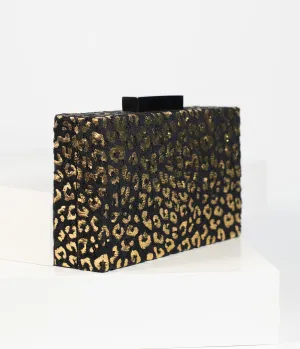 Vintage Style Black & Gold Leopard Print Hard Clutch