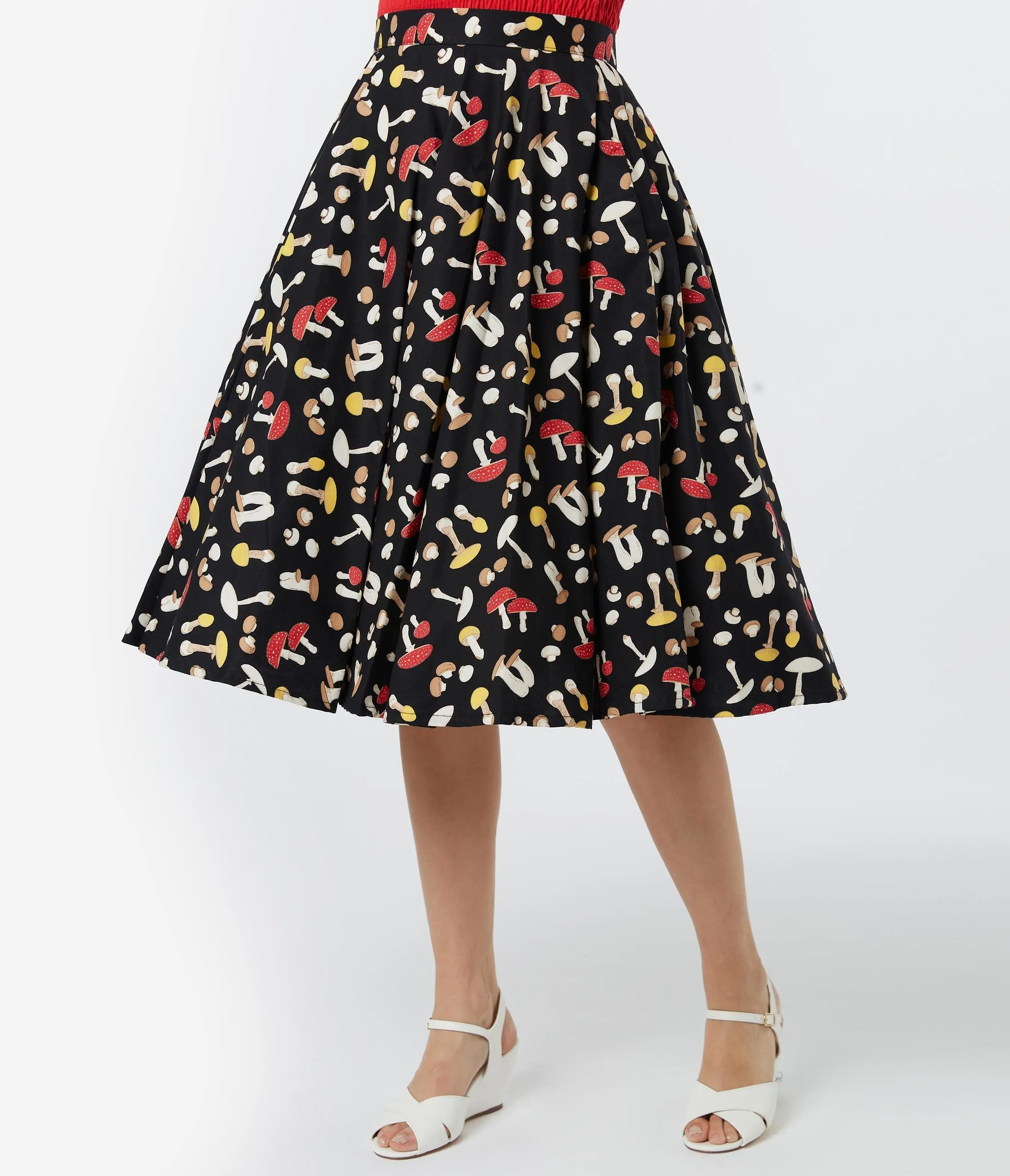 Vintage Style Black & Mushroom Print Swing Skirt