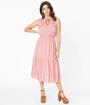 Vintage Style Dusty Pink & Ivory Polka Dot Midi Dress