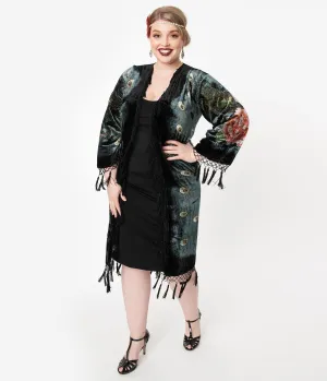 Vintage Style Green & Black Peacock Print Velvet Beaded Flapper Coat