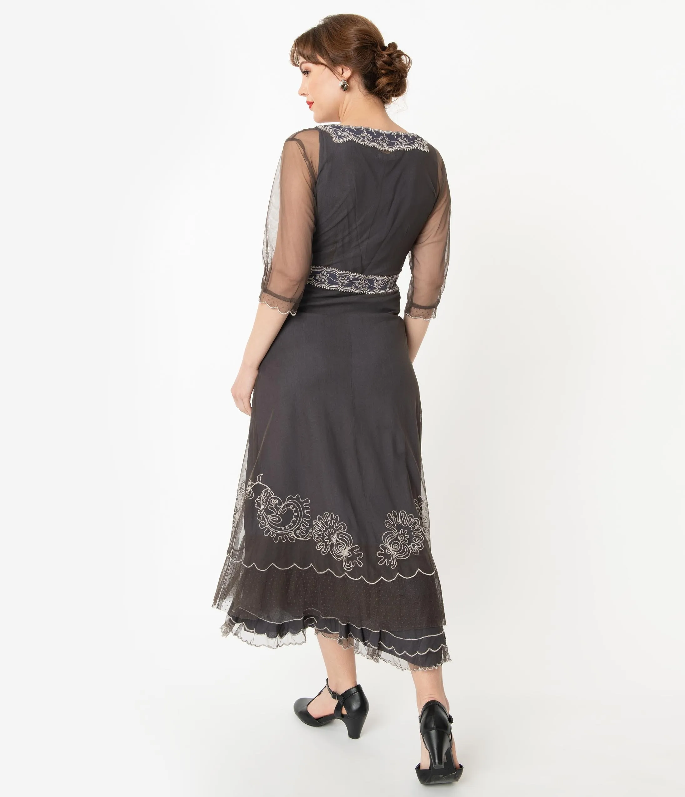 Vintage Style Grey Mesh Embroidered Edwardian Dress