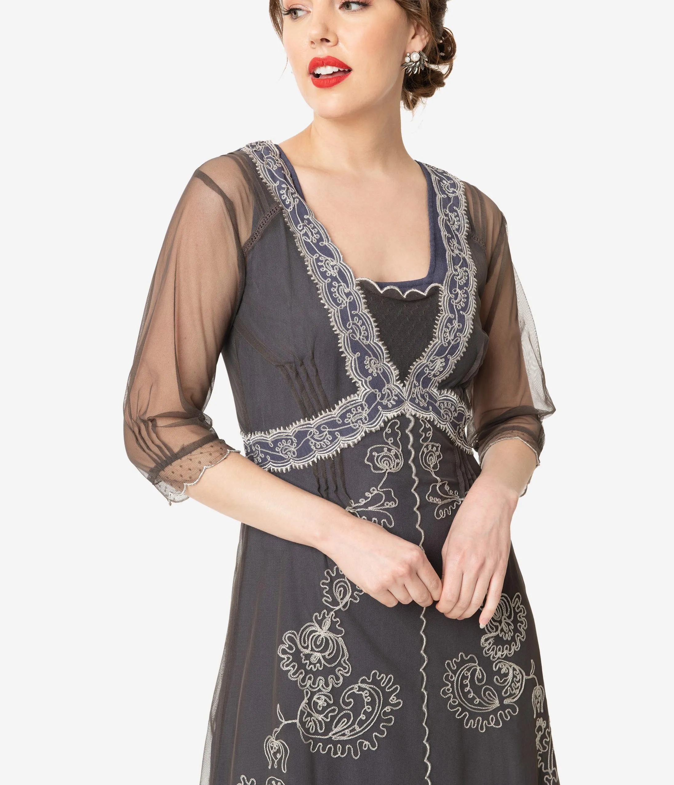 Vintage Style Grey Mesh Embroidered Edwardian Dress