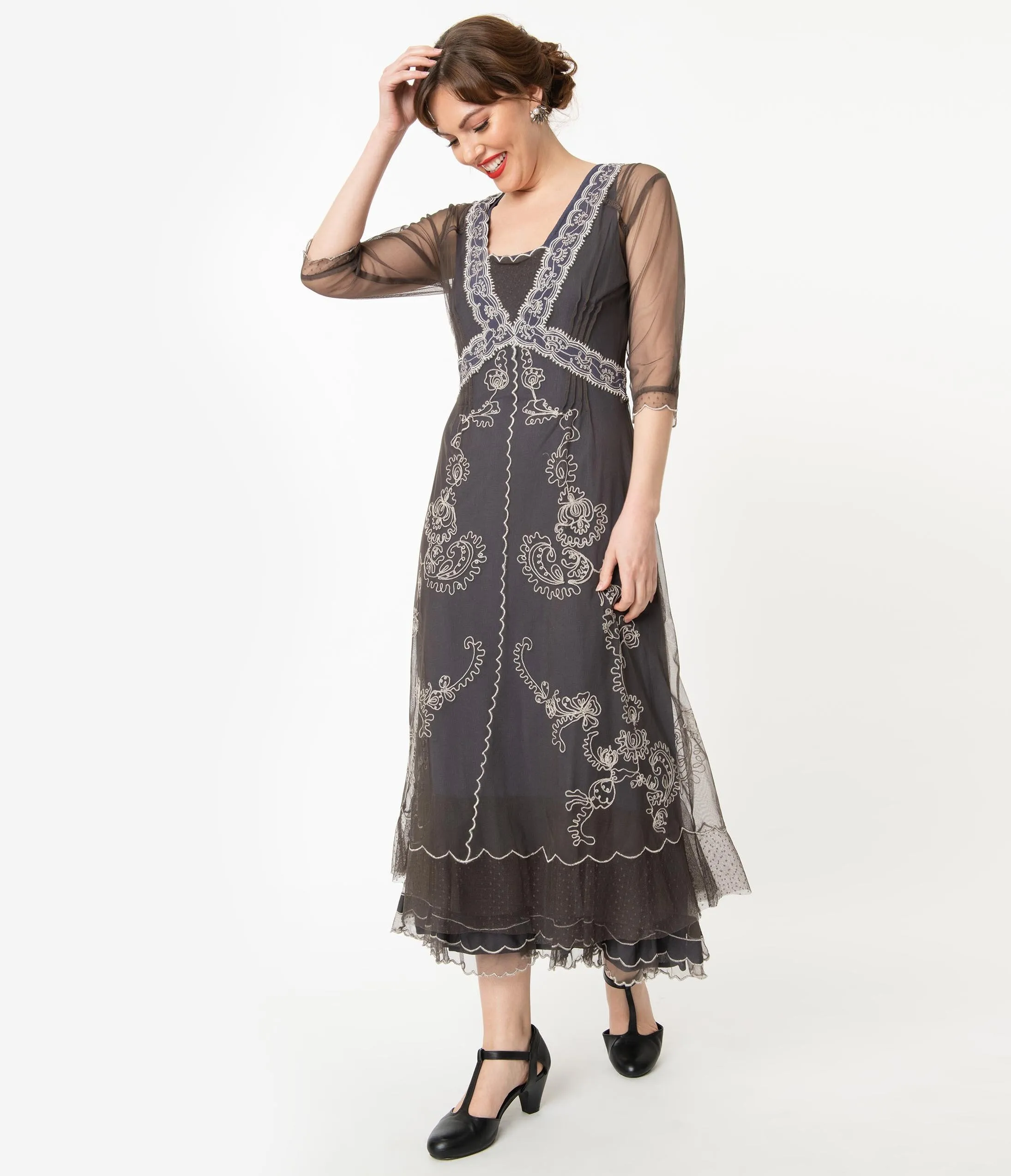 Vintage Style Grey Mesh Embroidered Edwardian Dress