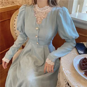 Vintage Style Puff Sleeve Button Front Decor Women's Dress