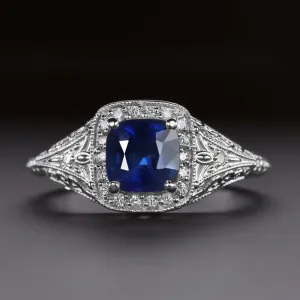 VINTAGE STYLE SAPPHIRE DIAMOND RING CUSHION SHAPE HALO 14k WHITE GOLD HALO BLUE