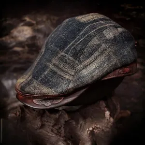 Vintage Tweed Wool Beret with Plaid Pattern and Distressed Leather Brim