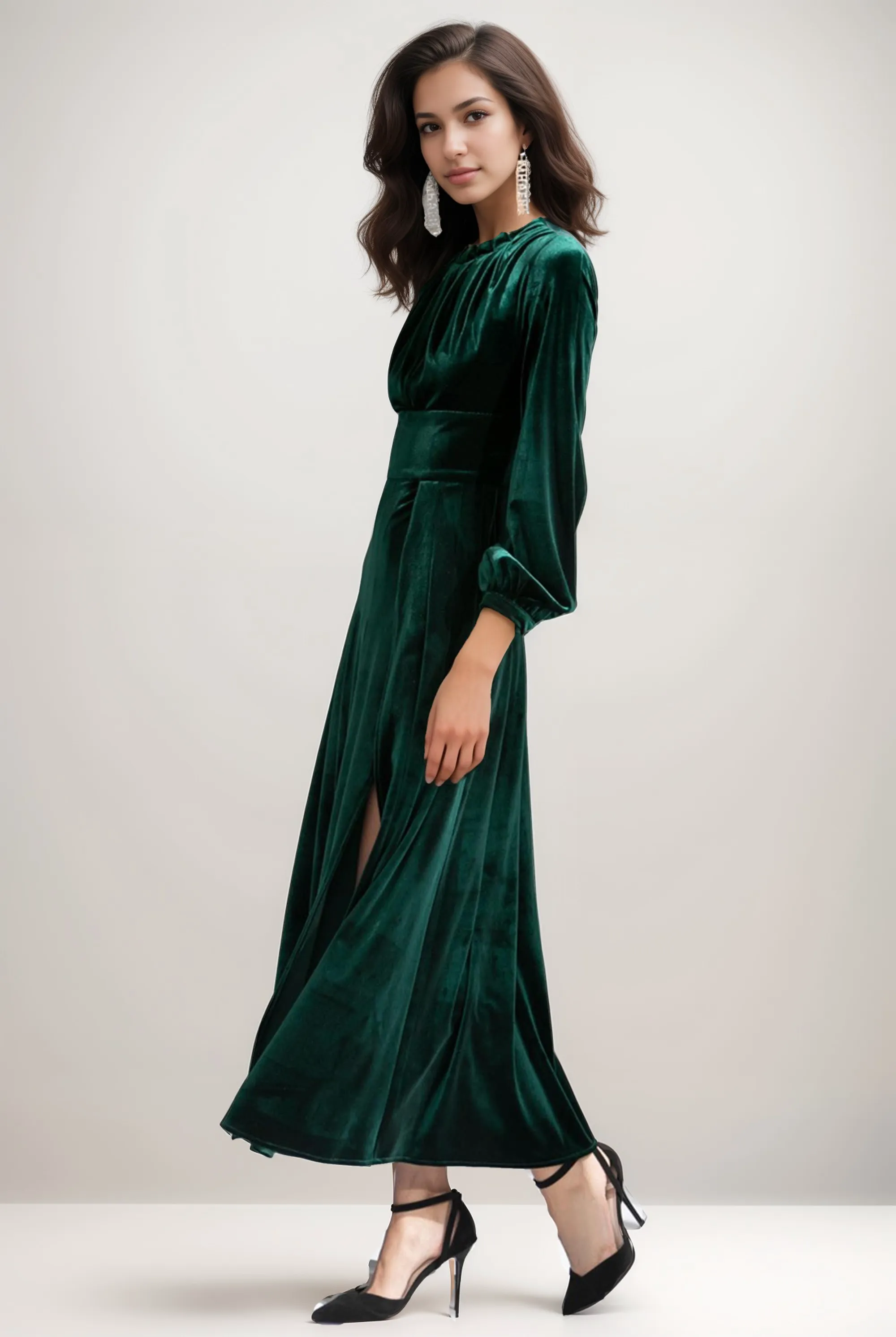 Vintage Velvet Dress with Long Sleeves, Ruched Bodice, and Thigh Slit