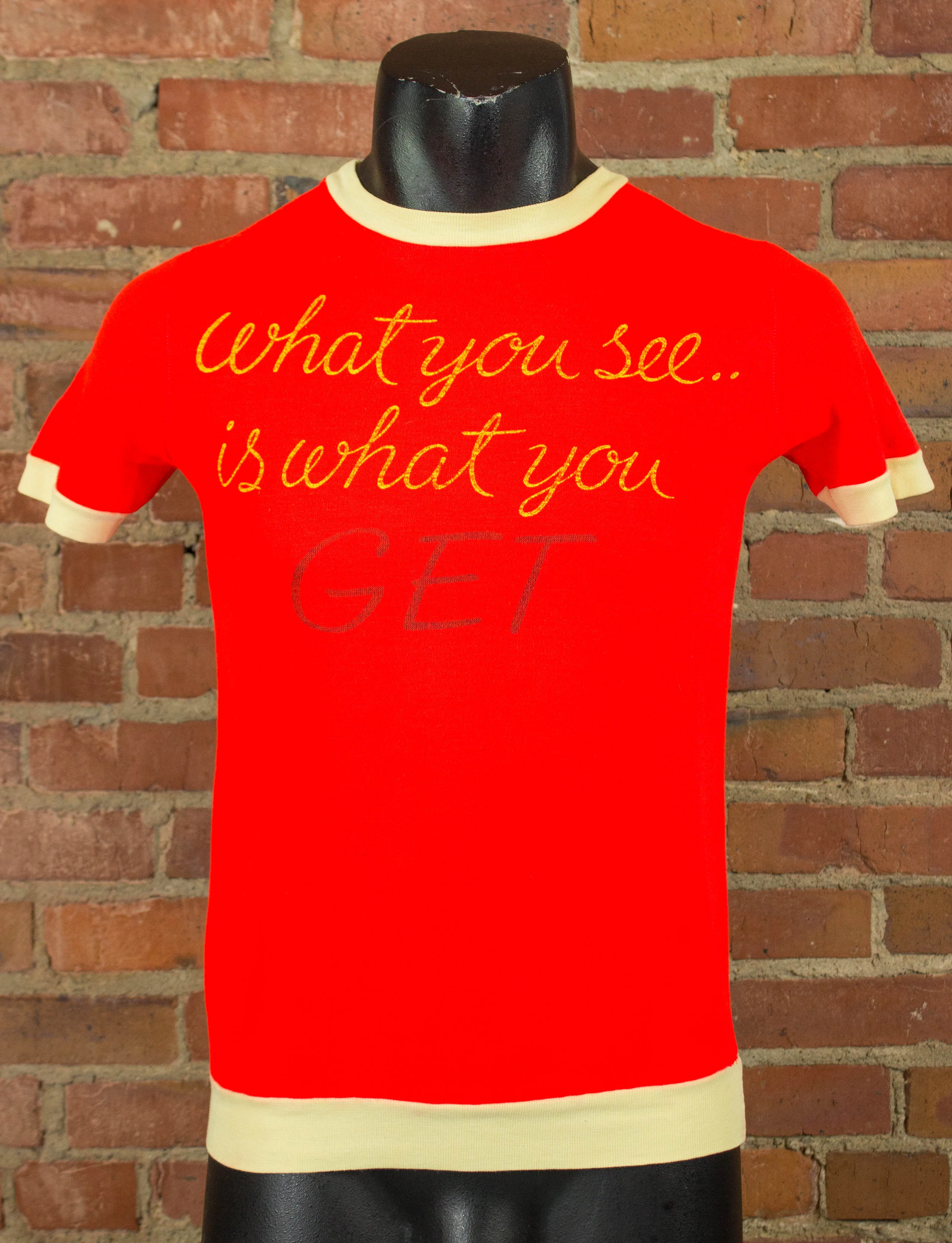 Vintage What You See Is What You Get Graphic Short Sleeve Sweatshirt 70s Red and Yellow Small