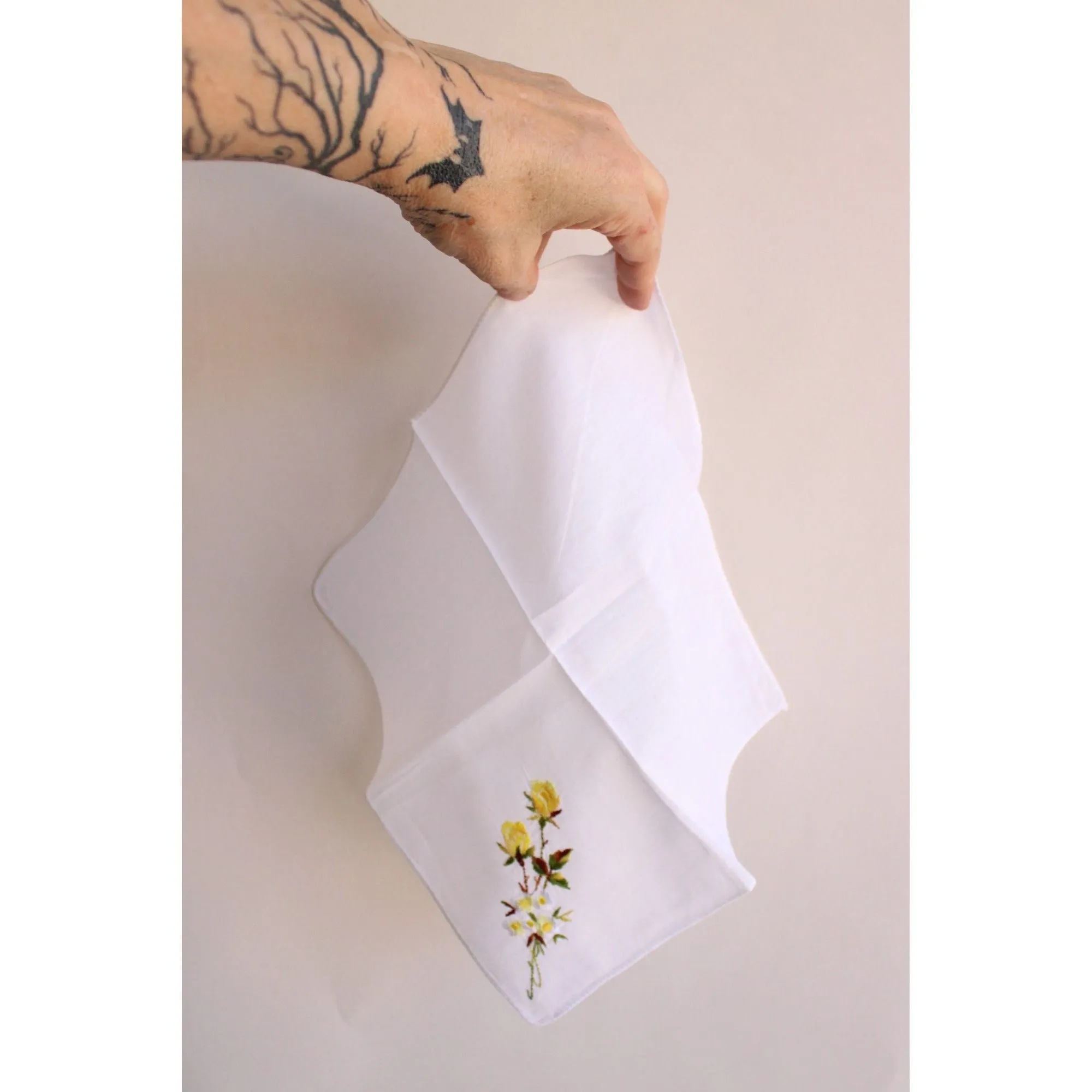 Vintage White Cotton Yellow Rose Embroidered Hanky