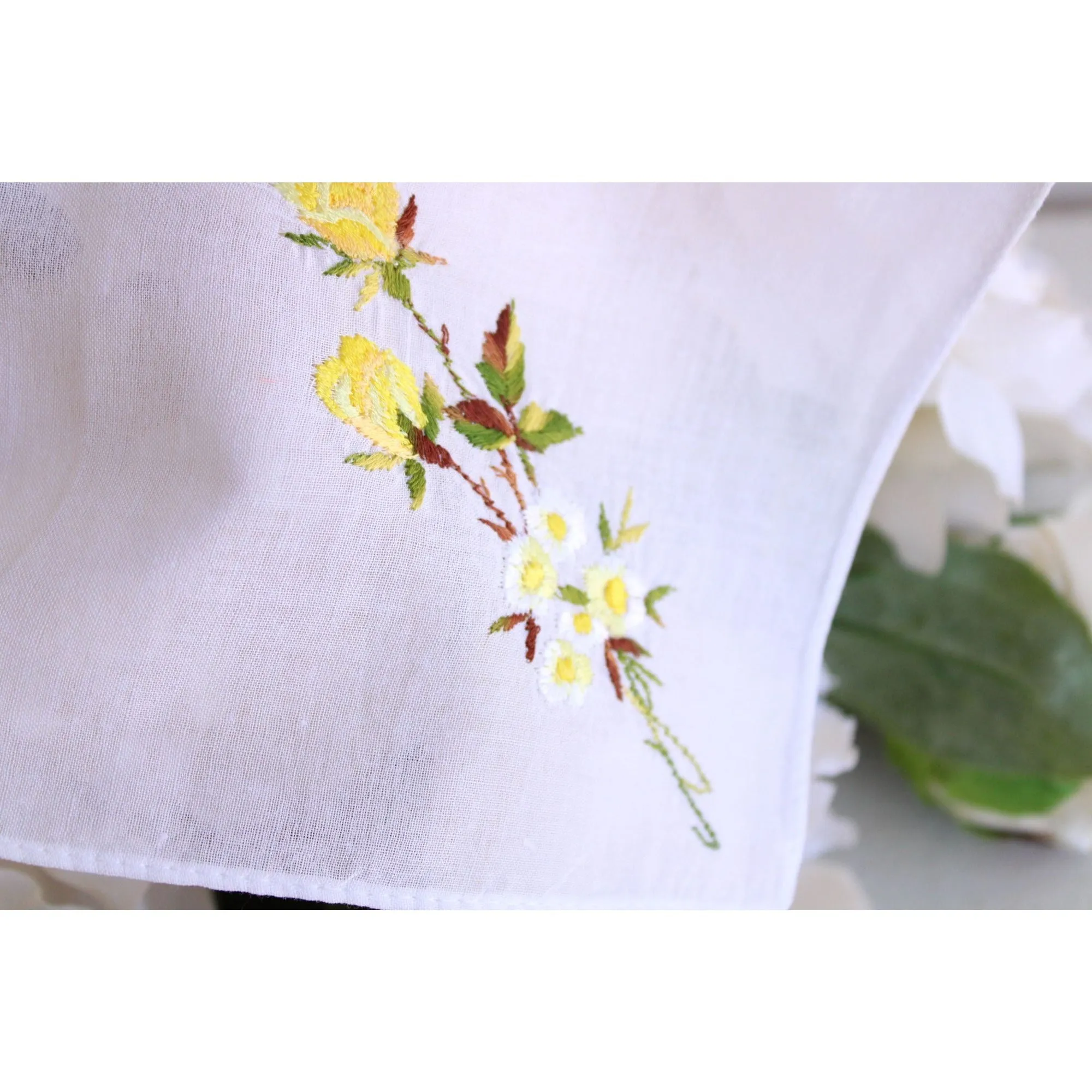 Vintage White Cotton Yellow Rose Embroidered Hanky