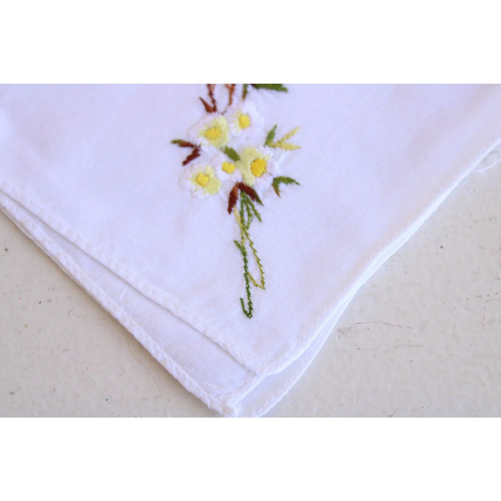 Vintage White Cotton Yellow Rose Embroidered Hanky