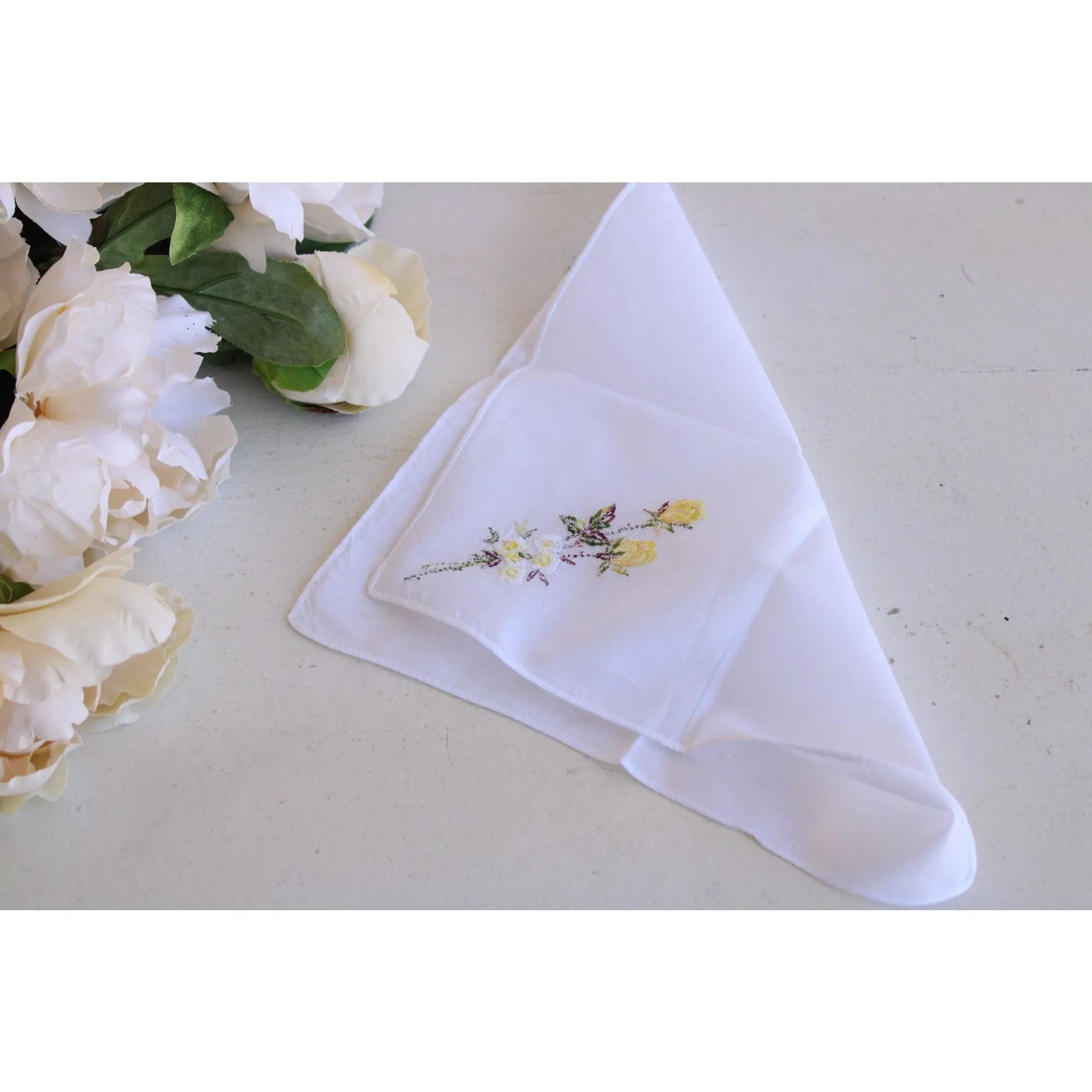 Vintage White Cotton Yellow Rose Embroidered Hanky