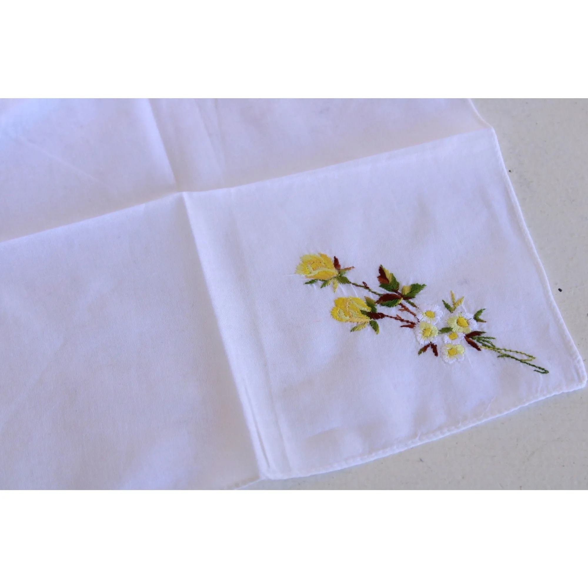 Vintage White Cotton Yellow Rose Embroidered Hanky