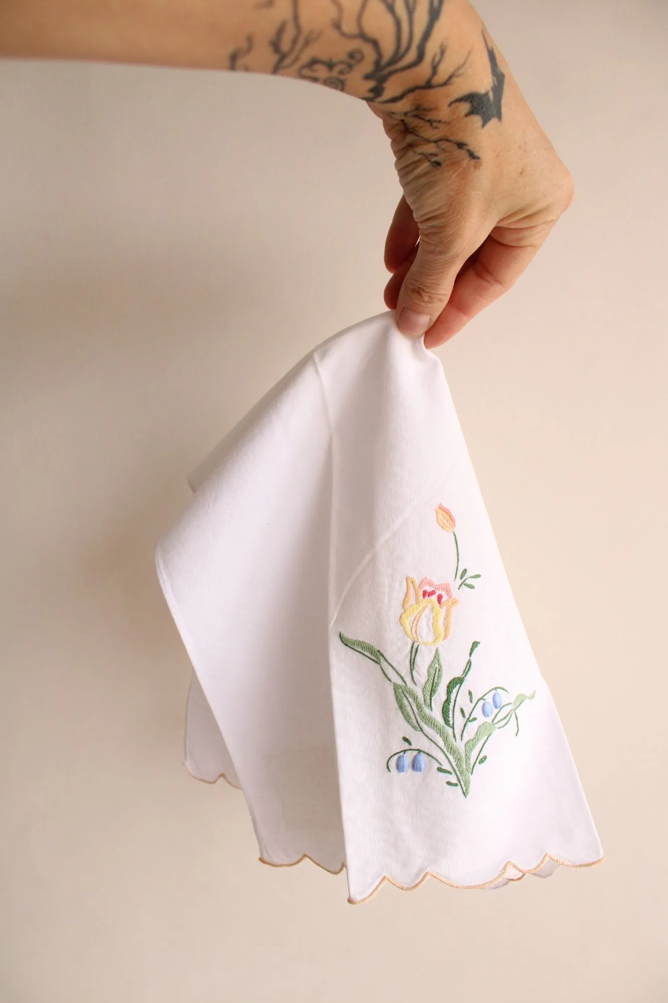 Vintage White Linen with Embroidered Flowers Hand Towel