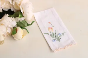 Vintage White Linen with Embroidered Flowers Hand Towel