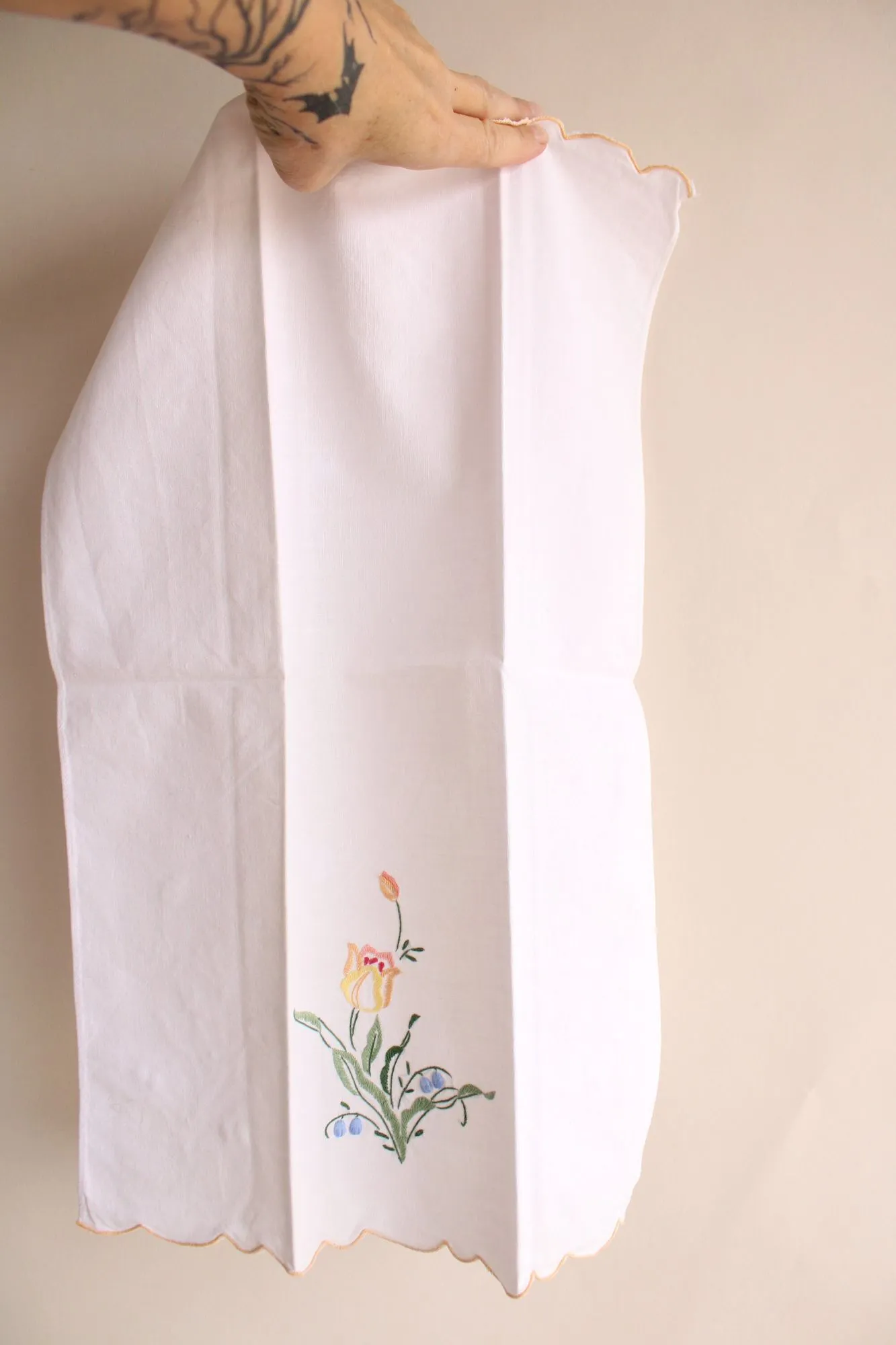 Vintage White Linen with Embroidered Flowers Hand Towel