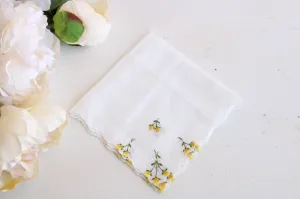 Vintage White Linen Yellow Rose Embroidered Hanky