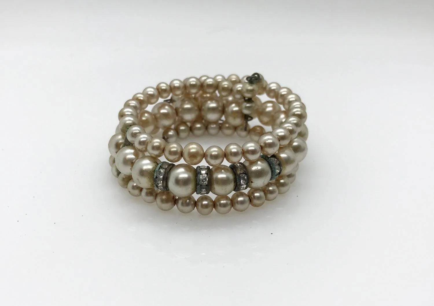 Vintage Winding Faux Pearl and Rhinestone Stretch Bracelet