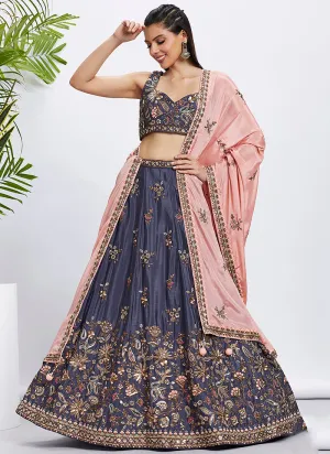 Violet And Peach Multi Embroidered Bridal Lehenga Choli