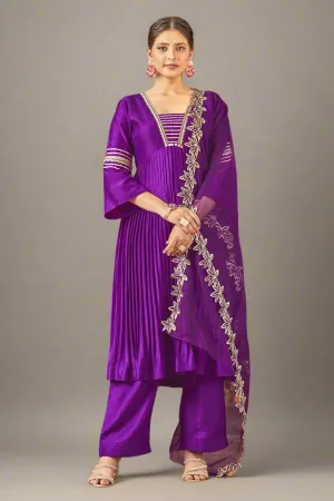 Violet Art Silk Alia Cut Anarkali Kurta Set with Trousers and Dupatta