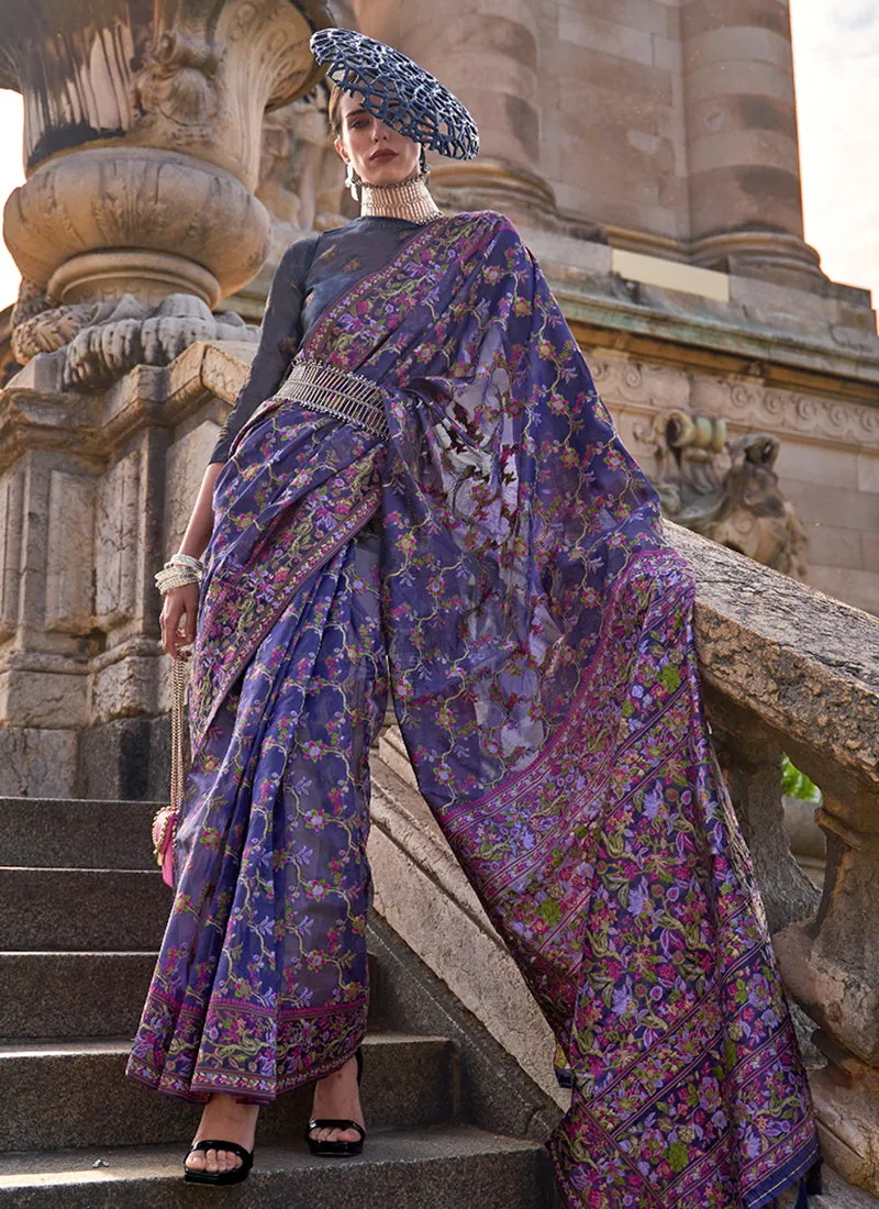 Violet Handloom Woven Floral Printed Silk Saree