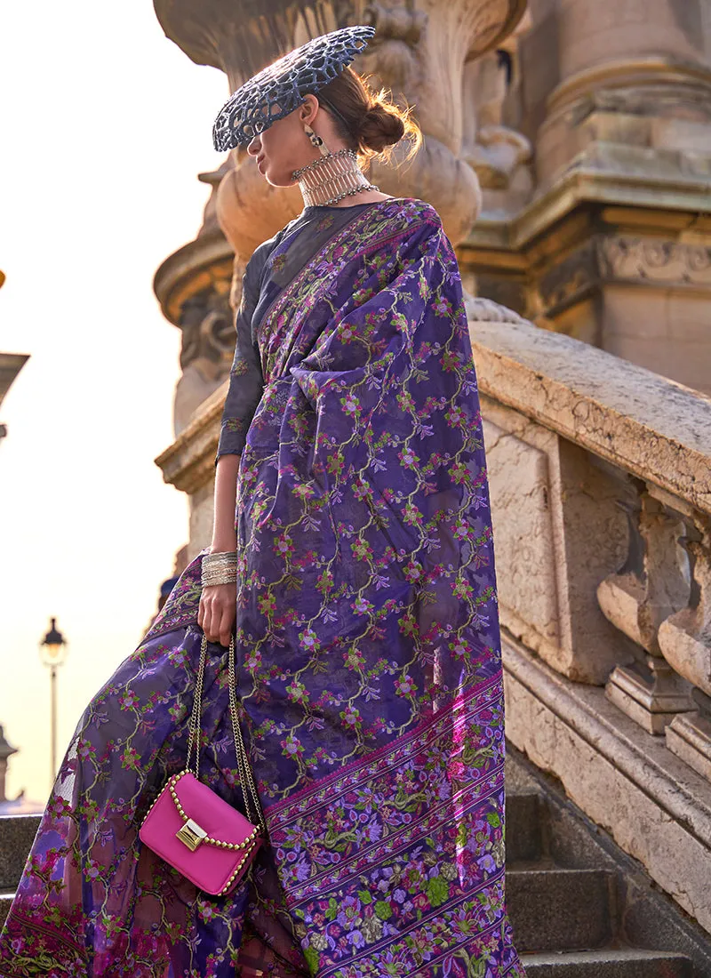 Violet Handloom Woven Floral Printed Silk Saree