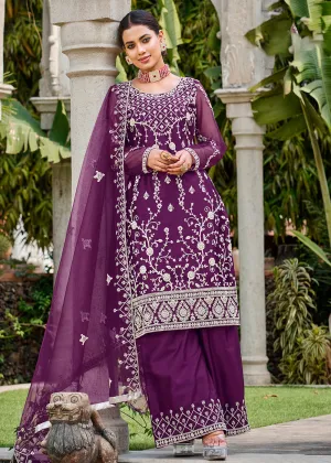 Violet Purple Stone & Cording Work Festive Palazzo Suit