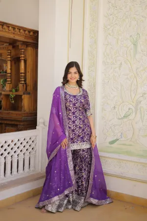 Viscose Jacquard Sequined Light Purple Kurti with Embroidered Sharara & Russian Silk Dupatta