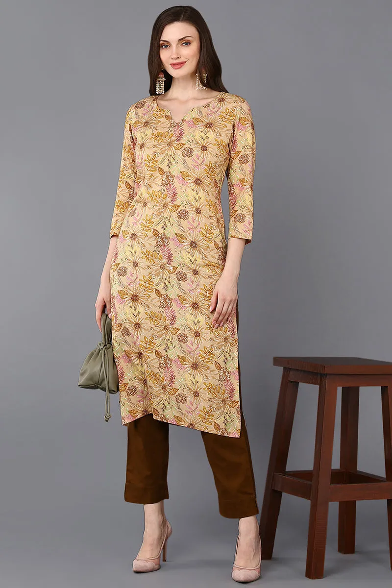 Viscose Rayon Chikoo Floral Printed Straight Kurta