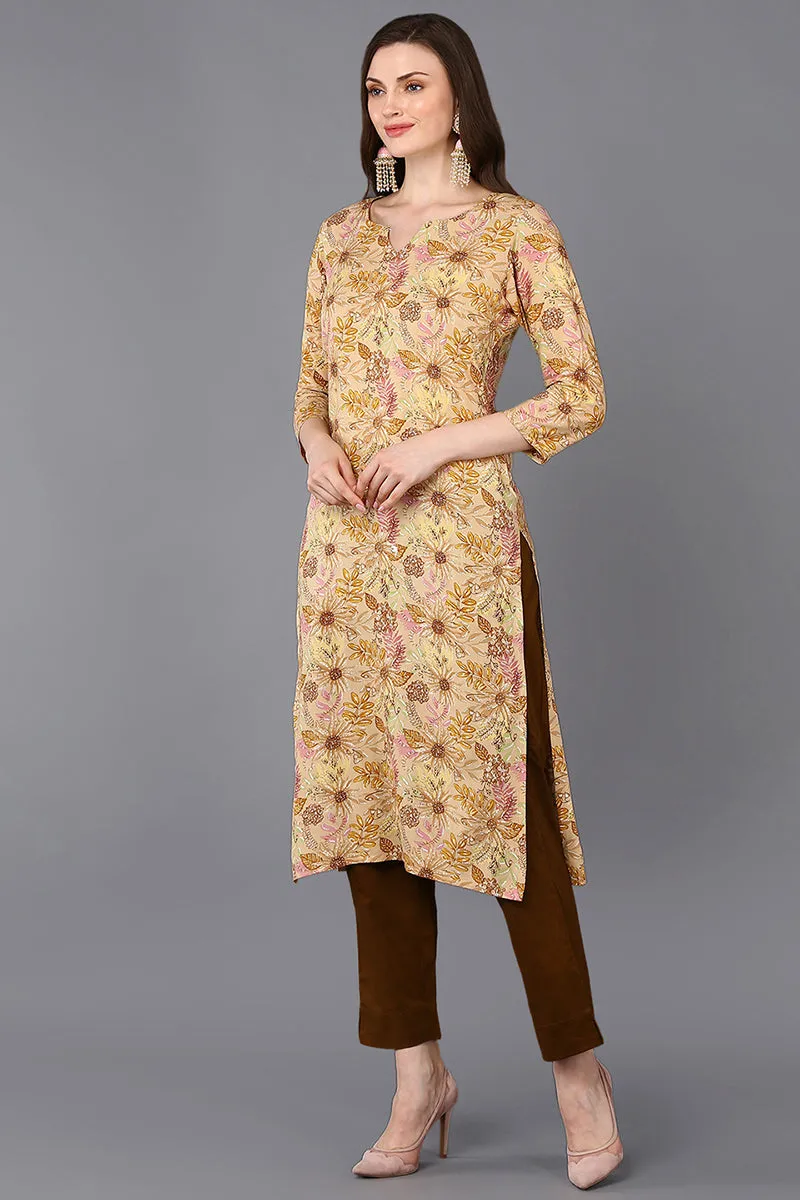 Viscose Rayon Chikoo Floral Printed Straight Kurta