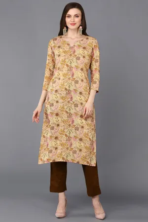 Viscose Rayon Chikoo Floral Printed Straight Kurta