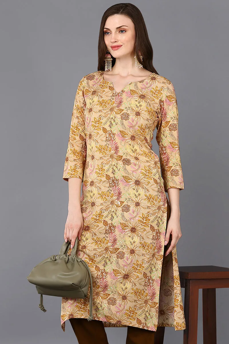 Viscose Rayon Chikoo Floral Printed Straight Kurta