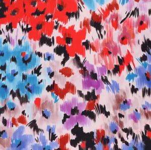 Viscose Satin - Abstract Flower Meadow - Blue   Red