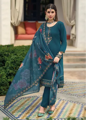 Viscose Silk Teal Blue Pakistani Pant Style Salwar Suit