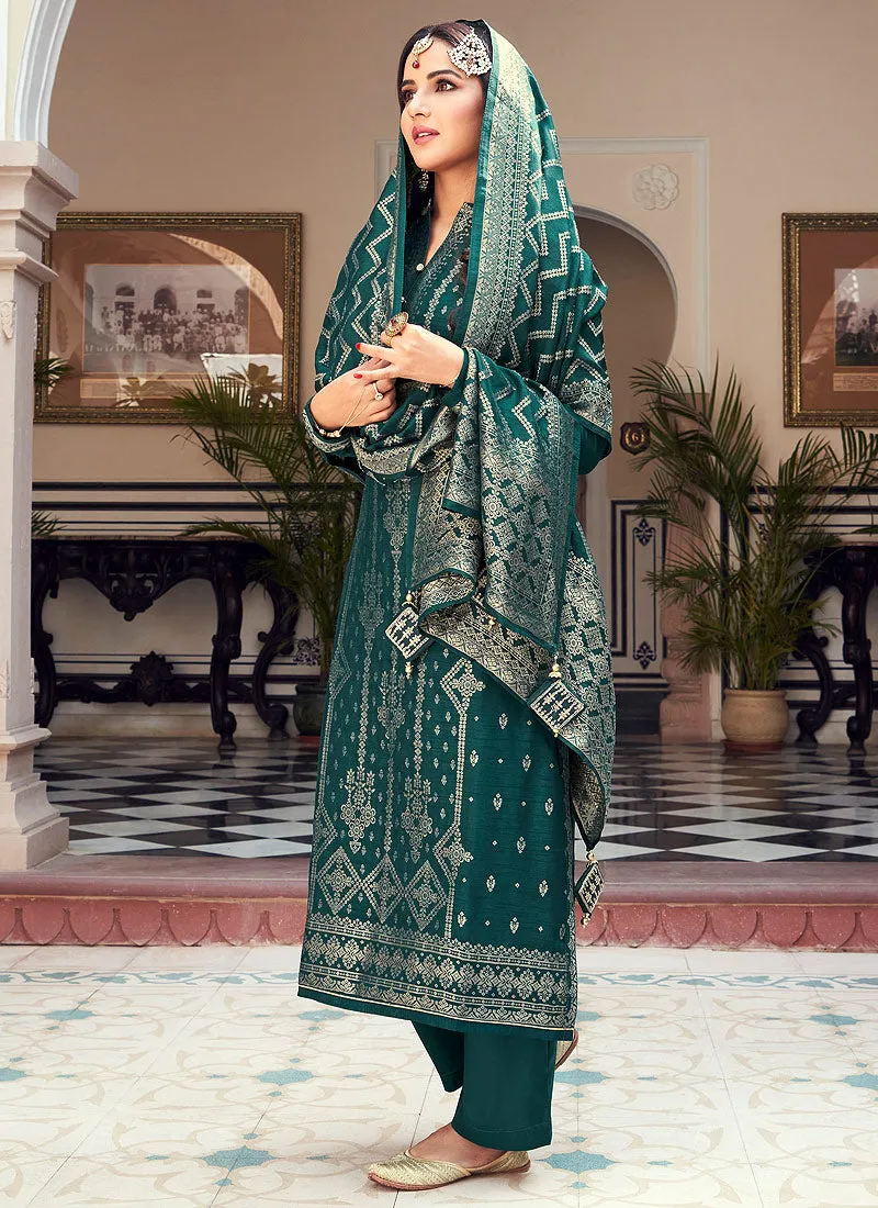 Viscose Teal Green Pakistani Style Embroidered Designer Suit