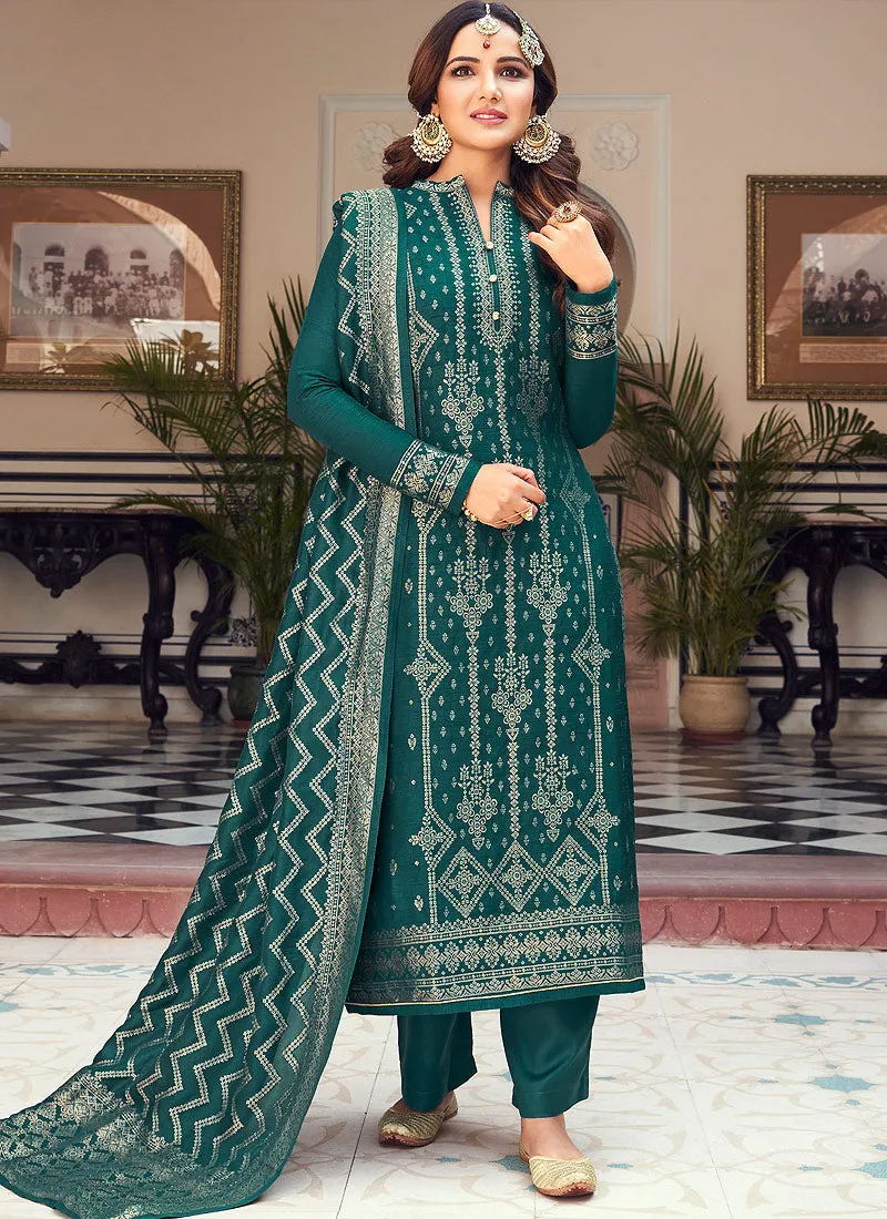 Viscose Teal Green Pakistani Style Embroidered Designer Suit