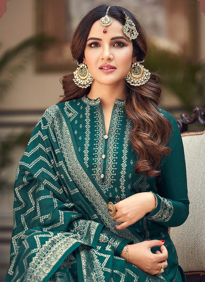 Viscose Teal Green Pakistani Style Embroidered Designer Suit