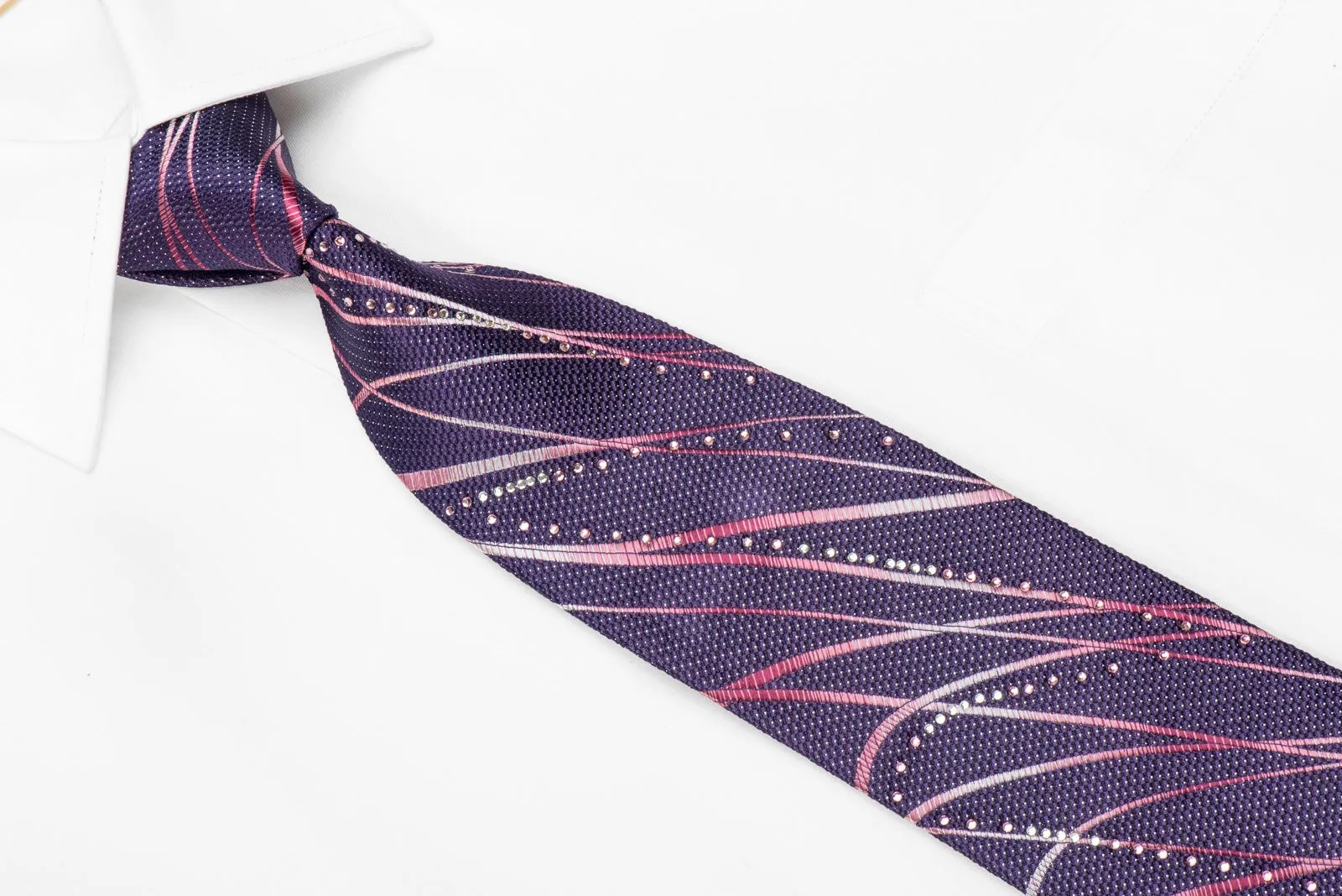 Vito Rufolo Men's Crystal Silk Tie Waves on Purple With Silver Sparkles