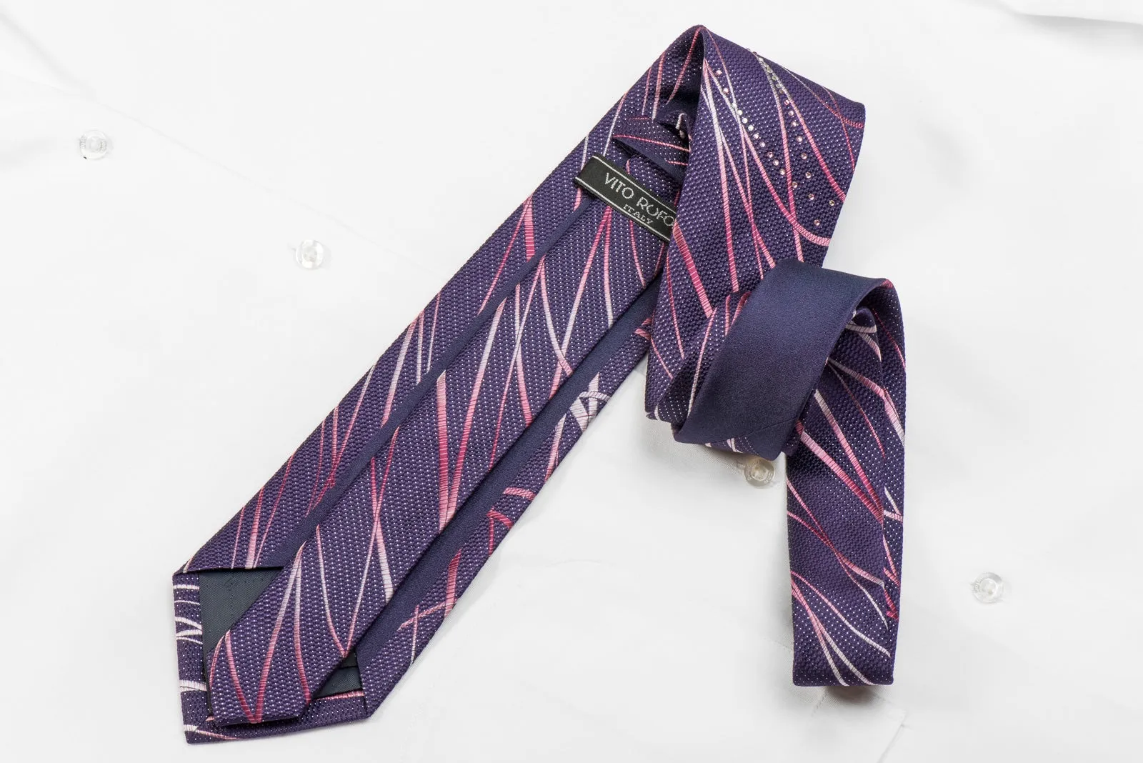 Vito Rufolo Men's Crystal Silk Tie Waves on Purple With Silver Sparkles