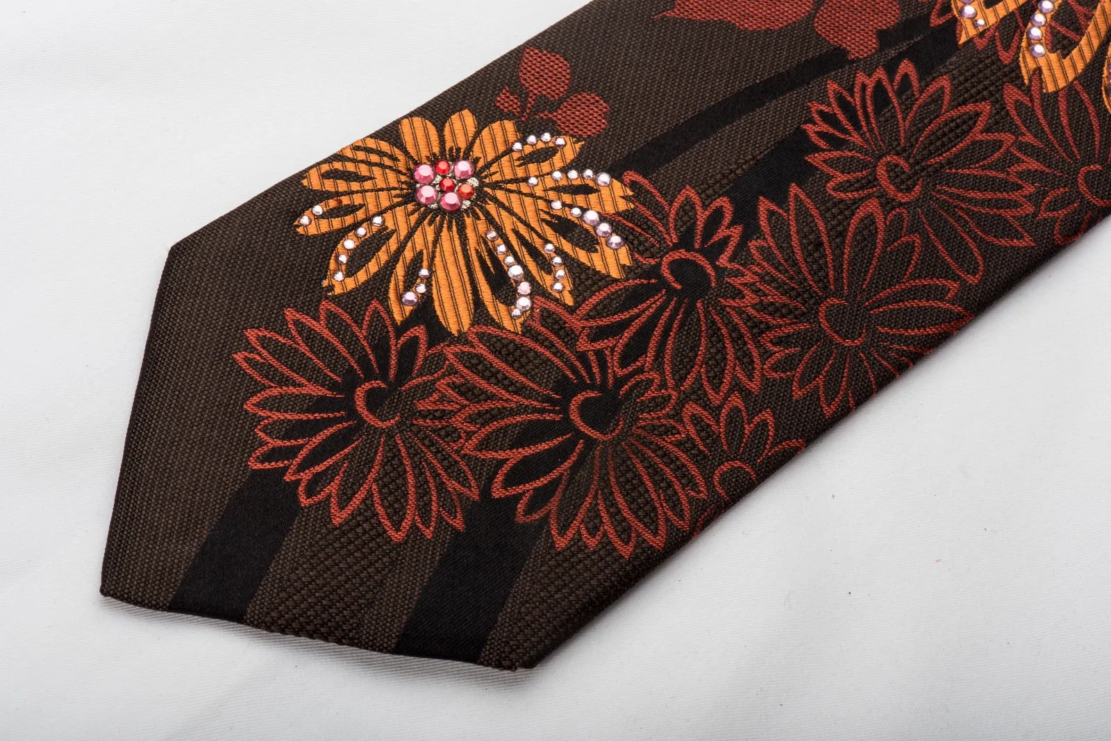 Vito Rufolo Men's Silk Necktie Orange Floral On Brown Sparkling With Rhinestones