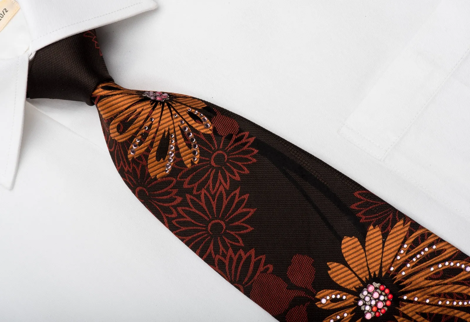 Vito Rufolo Men's Silk Necktie Orange Floral On Brown Sparkling With Rhinestones