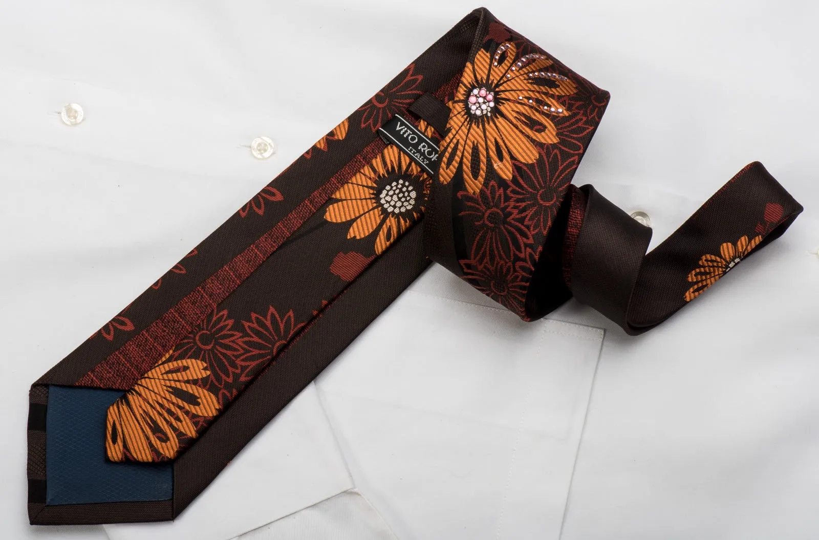 Vito Rufolo Men's Silk Necktie Orange Floral On Brown Sparkling With Rhinestones